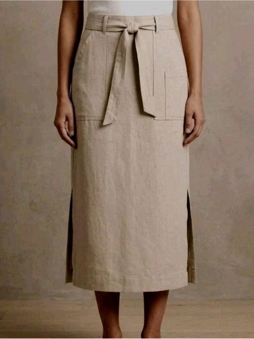 Orvis Linen Midi Skirt Side Slit Fabric Belt Waist Size 12 Boho Chic Coastal